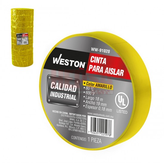 CINTA PARA AISLAR 18X19MM COLOR AMARILLO WESTON WW-91020 EMPAQUE CON 10 PZS